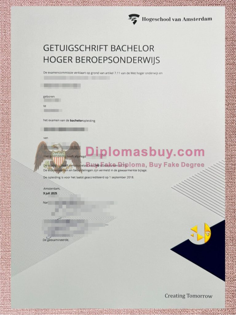 Hogeschool van Amsterdam Getuigschrift, Hogeschool van Amsterdam Degree Hogeschool van Amsterdam Getuigschrift, Hogeschool van Amsterdam Degree