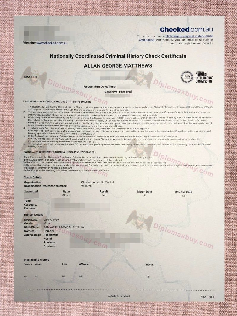 NCCHC Diploma, Nationally Coordinated Criminal History check certificate NCCHC Diploma, Nationally Coordinated Criminal History check certificate