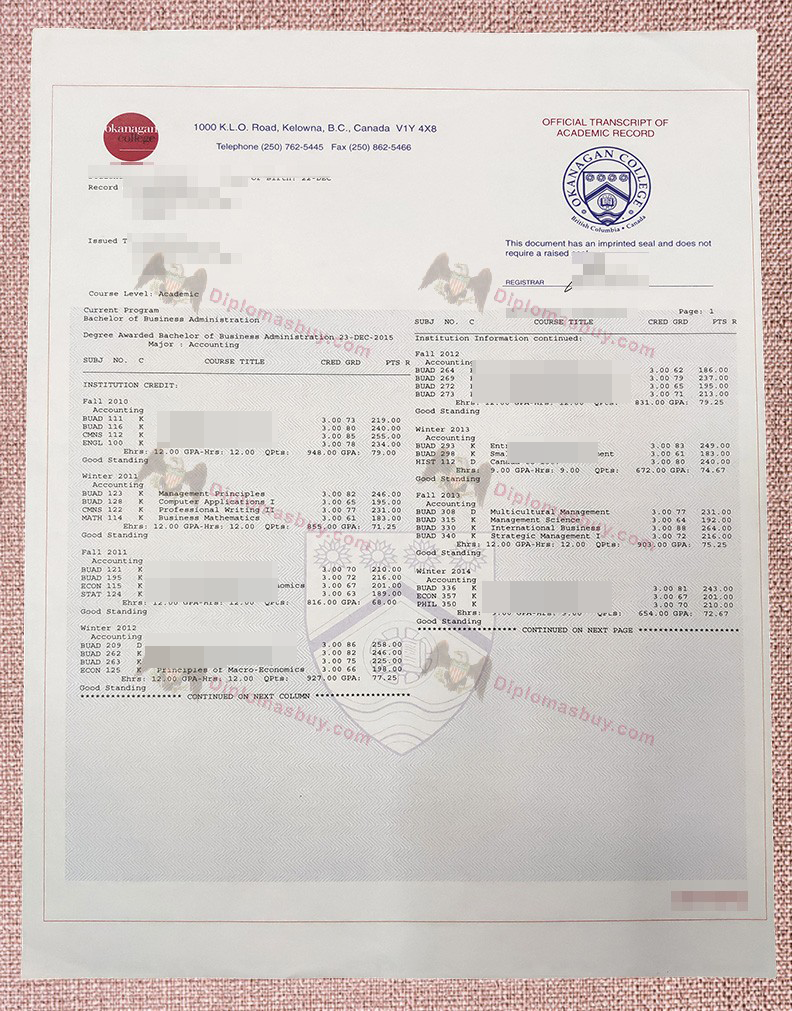 Okanagan College Transcript Okanagan College Transcript