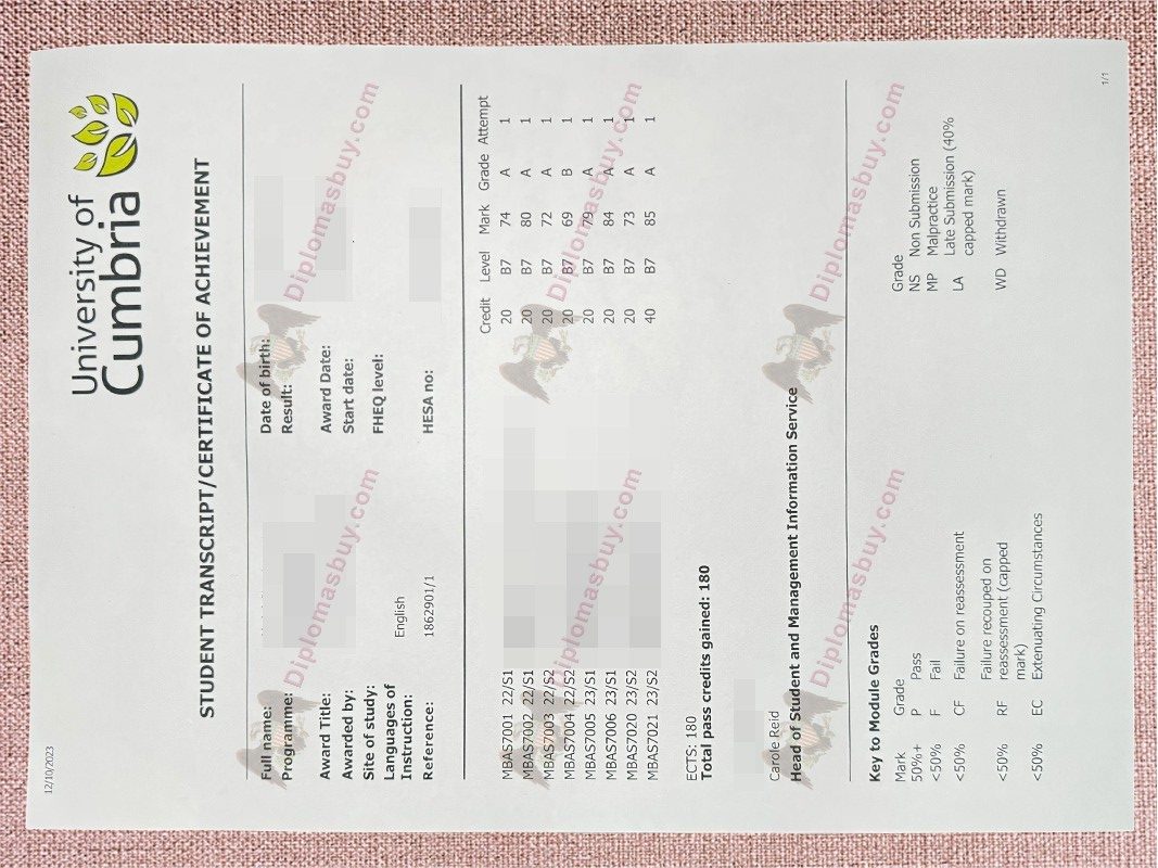 University of Cumbria Transcript, University of Cumbria Degree